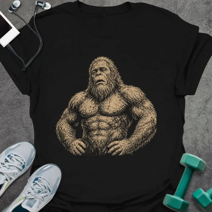Black t-shirt with an illustration of Bigfoot looking exhausted in white