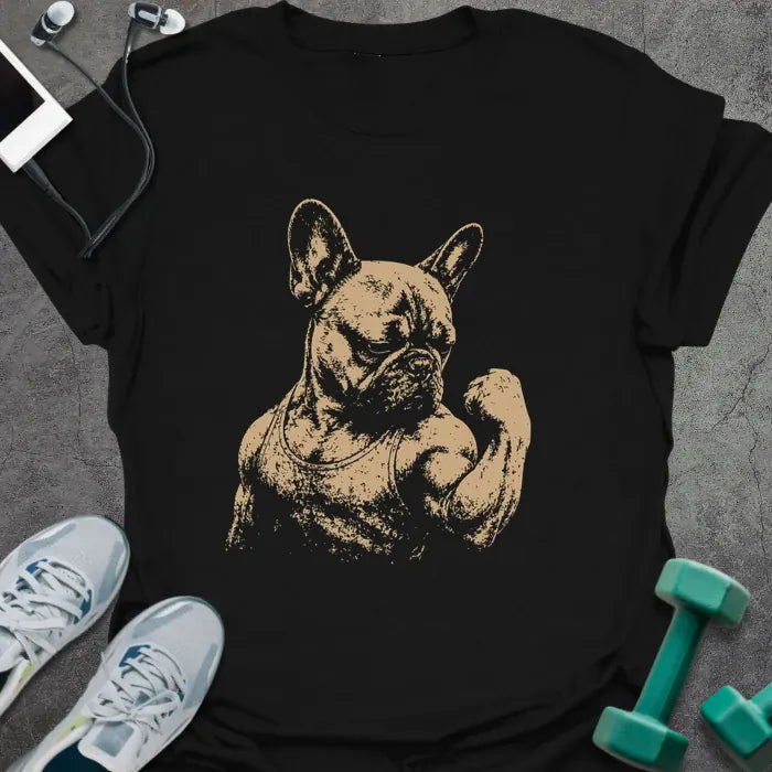 Black t-shirt with an illustration of a French Bulldog flexing in white