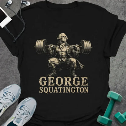 Black t-shirt printed with "George Squatington" in white and gold, with a historical figure squatting with barbell graphic
