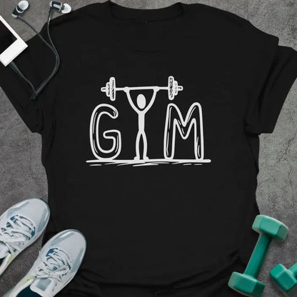 Black t-shirt printed with "Gym", with an illustration of a figure lifting barbell surrounded by letters G M