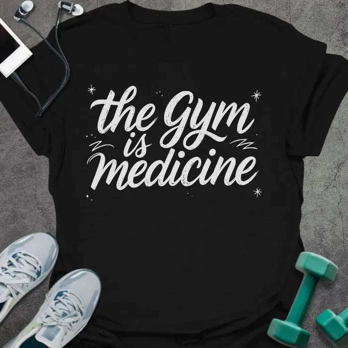 Black t-shirt printed with "the gym is medicine" in white, with sparkles and decorative lines