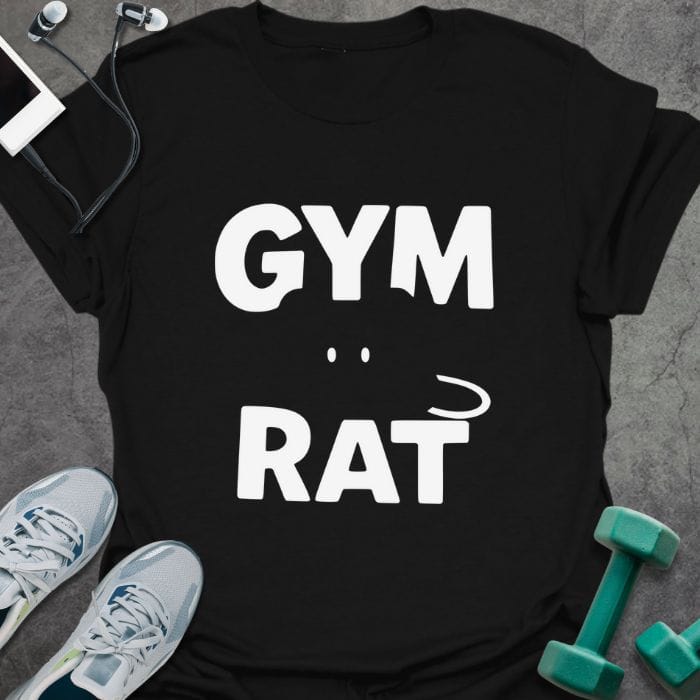 Black t-shirt printed with "Gym Rat"