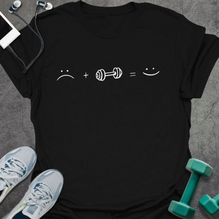 Black t-shirt with a sad face plus a dumbbell equals a smiley face