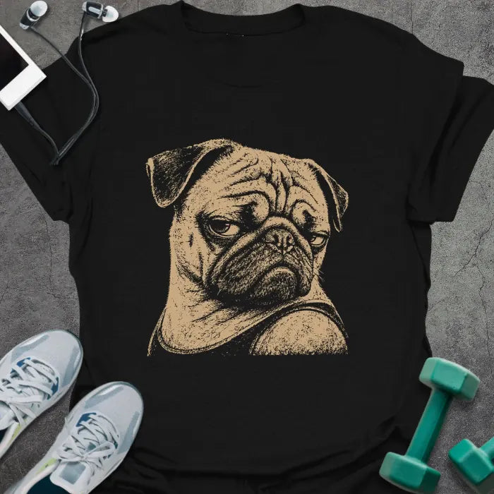 Black t-shirt with an illustration of a Pug's face in white