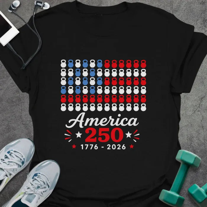 Black t-shirt with a kettlebell American flag graphic in white and red