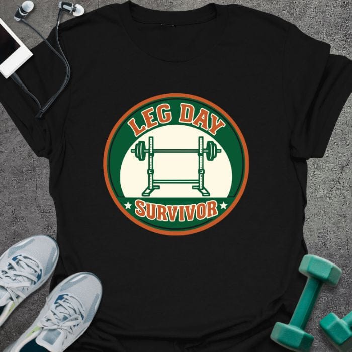 Black t-shirt printed with "Leg Day Survivor" in orange and red, with barbell in circular badge