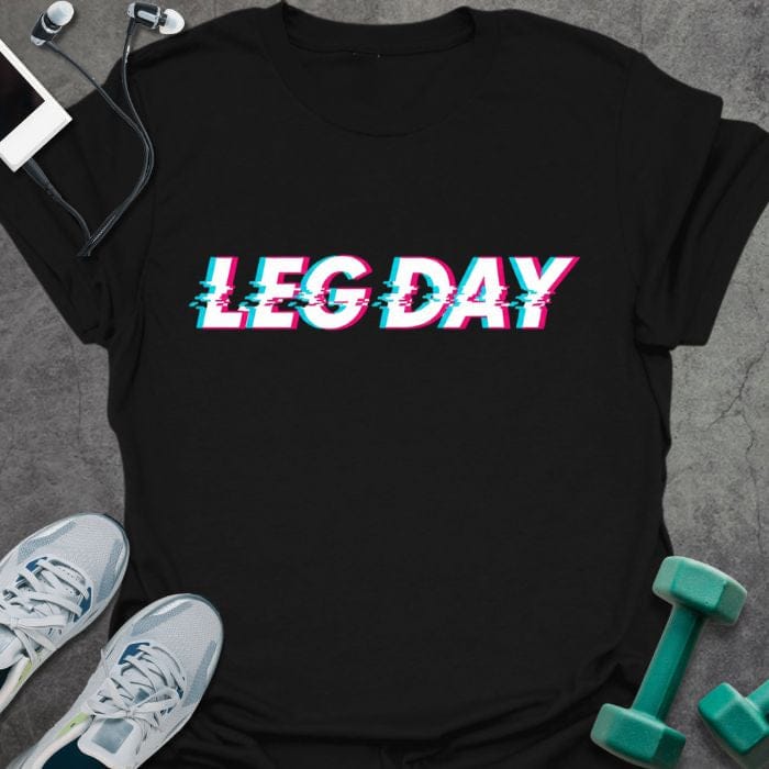 Black t-shirt printed with "Leg Day" in pink and blue glitch effect