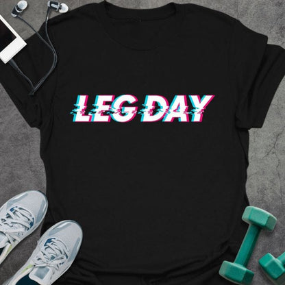 Black t-shirt printed with "Leg Day" in pink and blue glitch effect