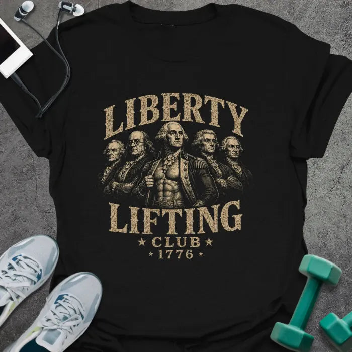Black t-shirt printed with "Liberty Lifting Club 1776" in white and gold, with Founding Fathers graphic