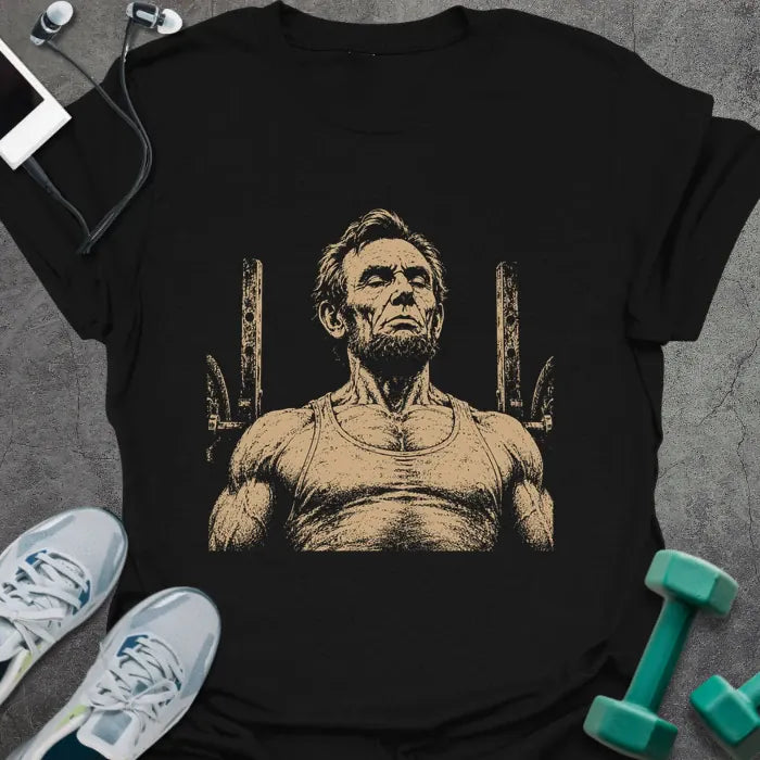 Black t-shirt with a portrait of Abraham Lincoln flexing with both arms in white