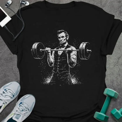 Black t-shirt with Abraham Lincoln doing bicep curl graphic in white