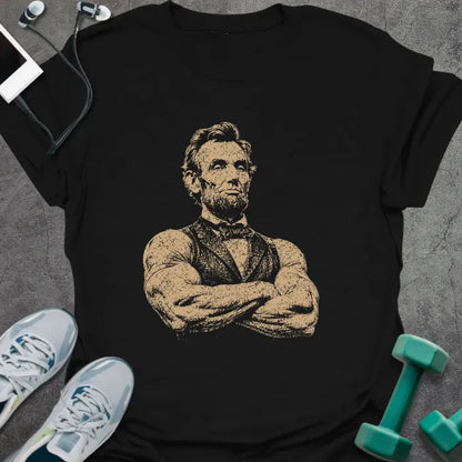 Black t-shirt with a portrait of Abraham Lincoln with crossed arms in white