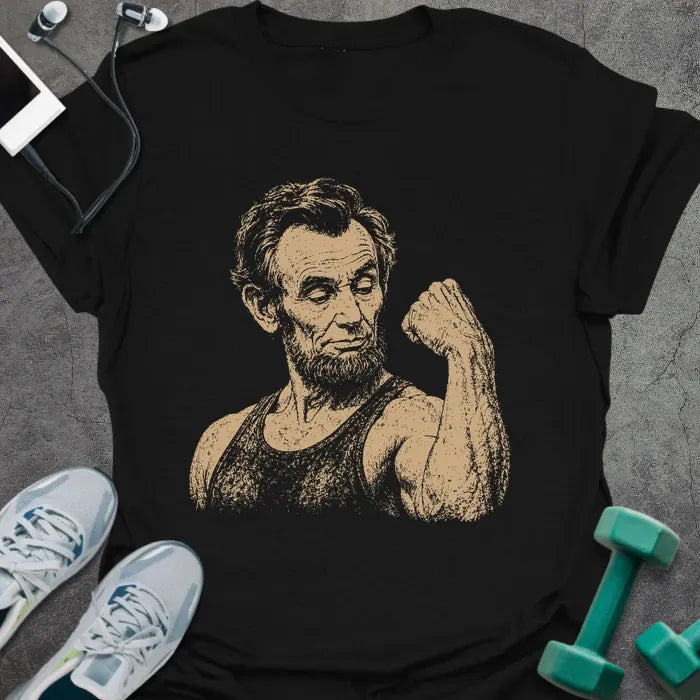 Black t-shirt with a portrait of Abraham Lincoln holding a medicine ball in white