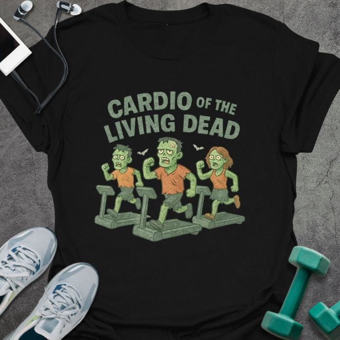 Black t-shirt printed with "Cardio of the Living Dead" in green and white, with three zombies on treadmills