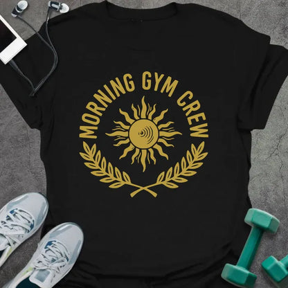Black t-shirt printed with "Morning Gym Crew" in yellow, with sun graphic