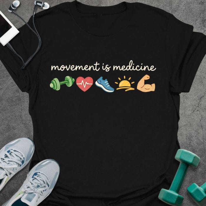 Black t-shirt printed with "movement is medicine" in multicolor, with emoji icons of different exercises