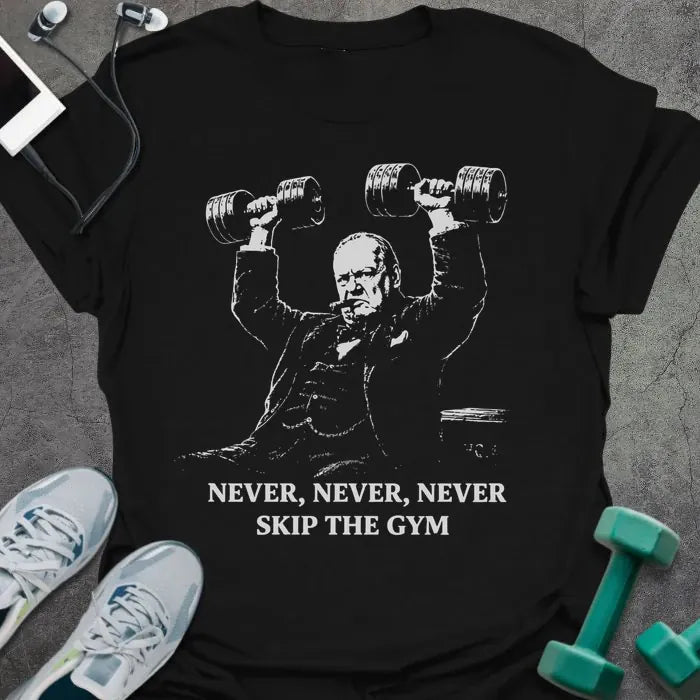 Black t-shirt printed with "Never, Never, Never Skip the Gym" in white, with figure holding dumbbells overhead graphic