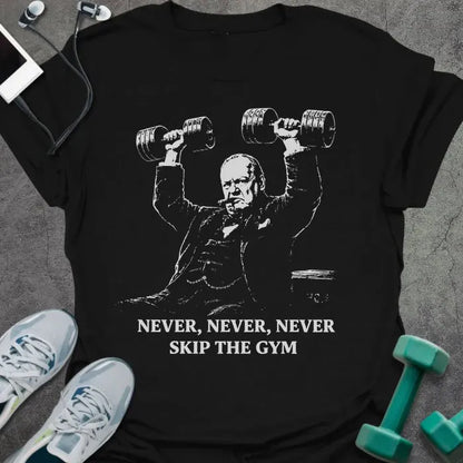 Black t-shirt printed with "Never, Never, Never Skip the Gym" in white, with figure holding dumbbells overhead graphic