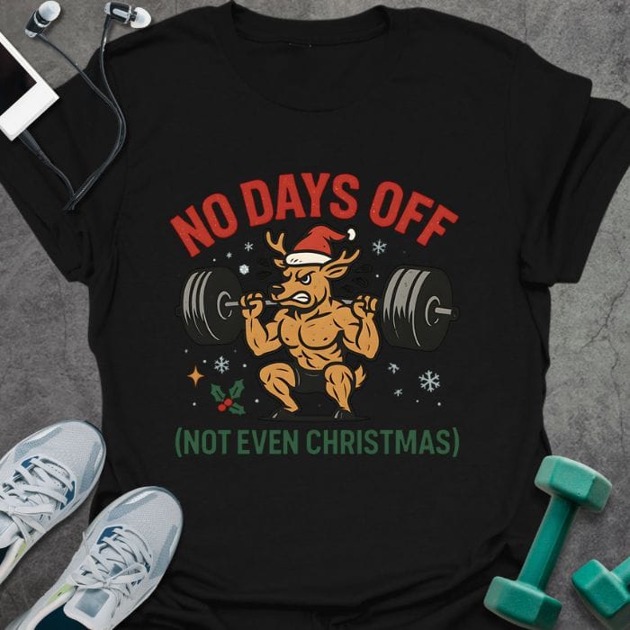 Black t-shirt printed with "No Days Off (not Even Christmas)" in red and green, with a reindeer flexing weights