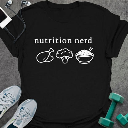 Black t-shirt printed with "nutrition nerd", with a chicken leg, broccoli, and rice bowl