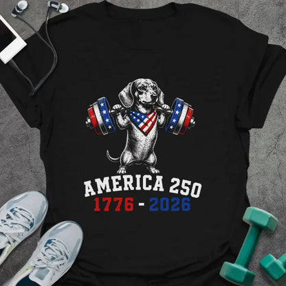 Black t-shirt with an American flag dachshund with dumbbells graphic in white and red