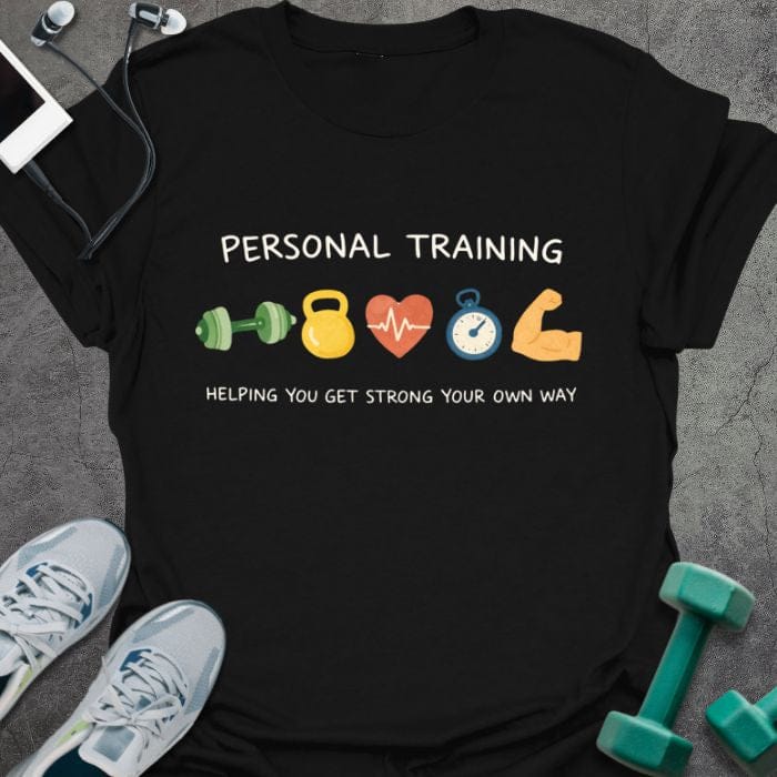 Black t-shirt printed with "Personal Training Helping You Get Strong Your Own Way" in green, yellow, red, blue, orange, with dumbbell, kettlebell, heart rate, timer, and bicep icons