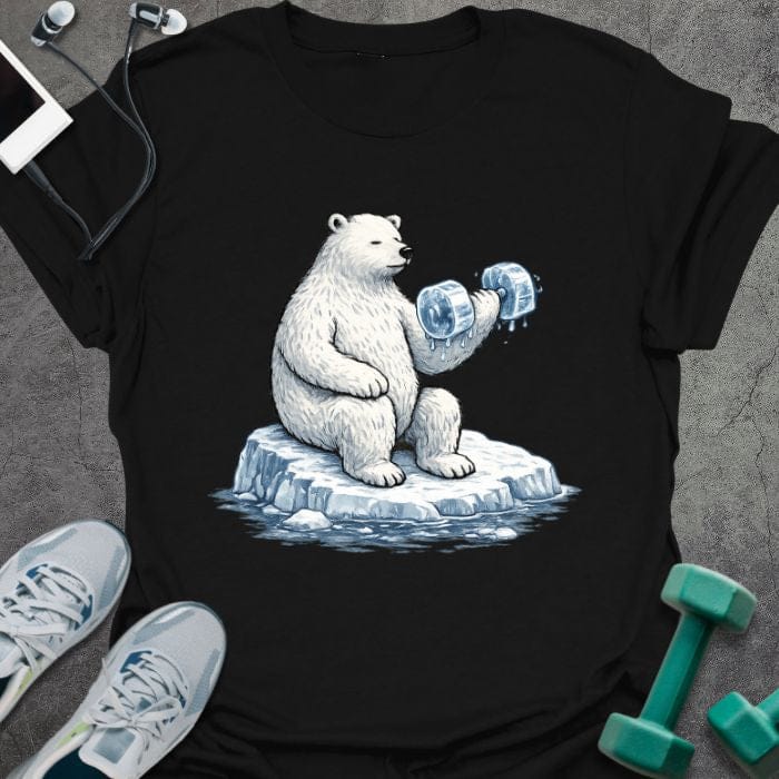 Black t-shirt with an illustration of a polar bear holding dumbbells in blue and white