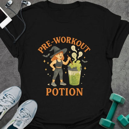 Black t-shirt printed with "Pre-workout Potion" in orange and green, with an illustration of a woman and a potion bottle