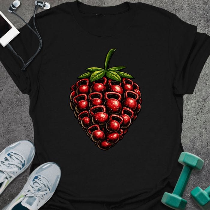 Black t-shirt with an illustration of a strawberry in red and green