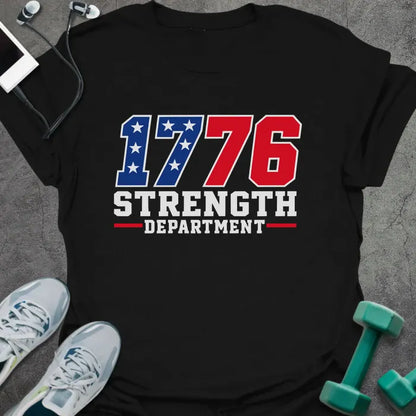 Black t-shirt printed with "1776 Strength Department" in red, white, and blue