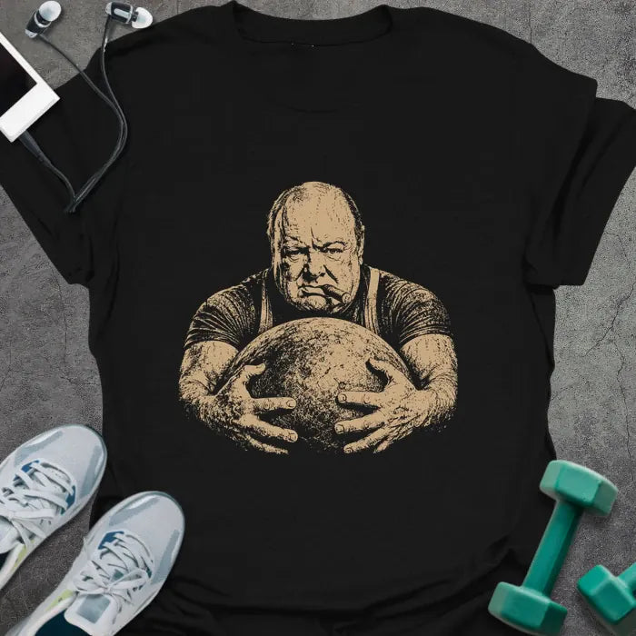 Black t-shirt with a portrait of Winston Churchill flexing with both arms in white