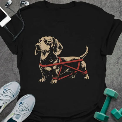 Black t-shirt with an illustration of a Dachshund with a barbell around it in white
