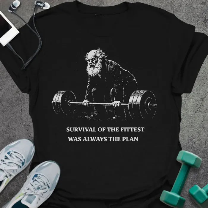 Black t-shirt printed with "Survival of the Fittest Was Always the Plan" in white, with bearded figure lifting barbell graphic