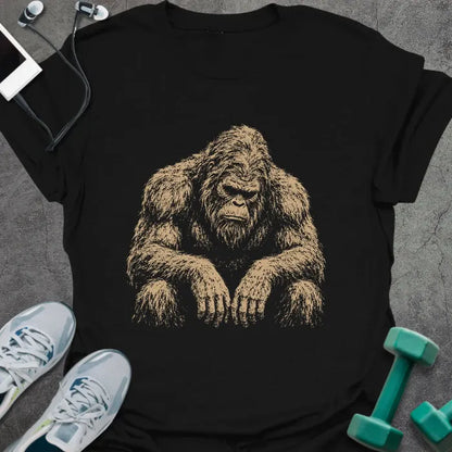 Black t-shirt with an illustration of Bigfoot looking tired or exhausted in white