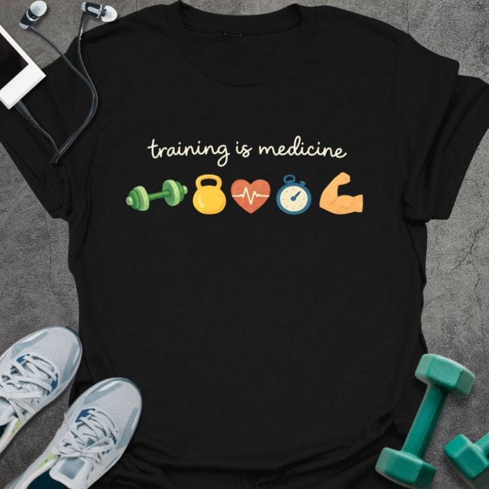Black t-shirt printed with "training is medicine" in multicolor, with emoji icons of training elements
