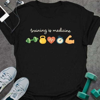 Black t-shirt printed with "training is medicine" in multicolor, with emoji icons of training elements