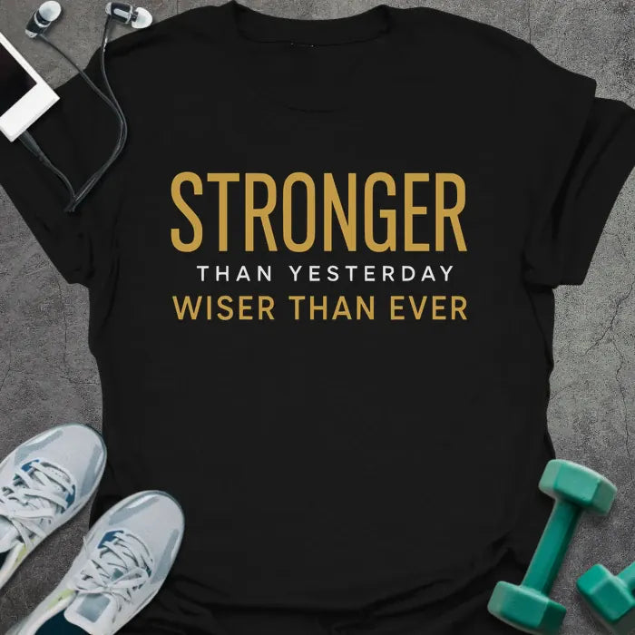 Black t-shirt printed with "Stronger Than Yesterday Wiser Than Ever" in white and gold