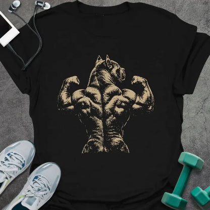 Black t-shirt with an abstract illustration of muscular back with horse's head in white