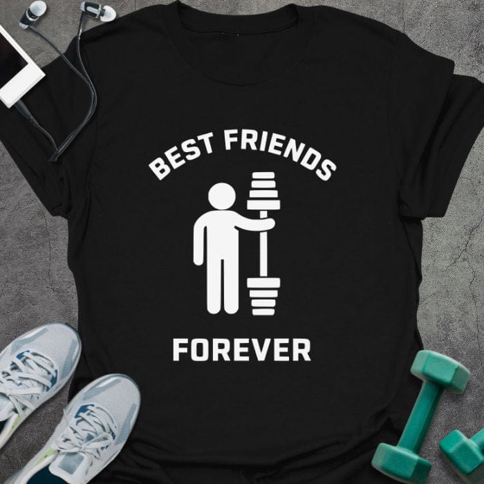 Black t-shirt printed with "Best Friends Forever", with a stick figure and dumbbells