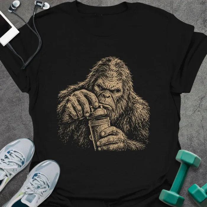 Black t-shirt with an illustration of Bigfoot appearing to struggle in white
