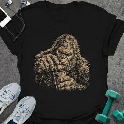 Black t-shirt with an illustration of Bigfoot appearing to struggle in white