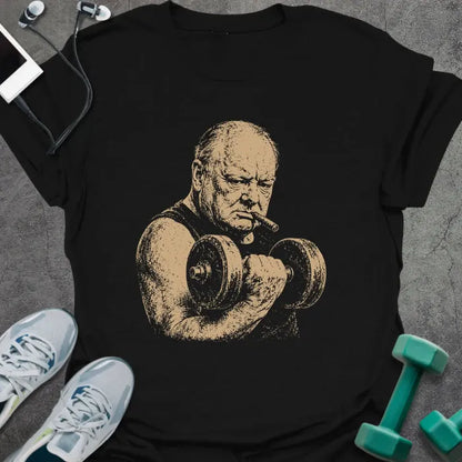Black t-shirt with a portrait of Winston Churchill holding dumbbells in white