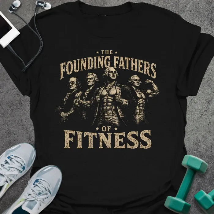 Black t-shirt printed with "The Founding Fathers of Fitness" in tan and white, with muscular historical figures with barbells and shields