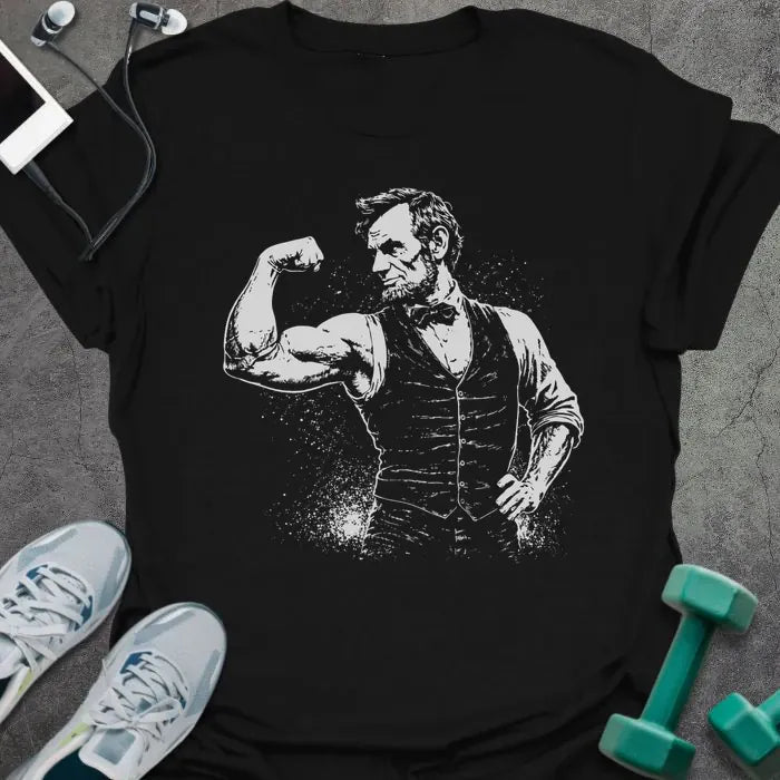 Black t-shirt with Abraham Lincoln flexing graphic in white