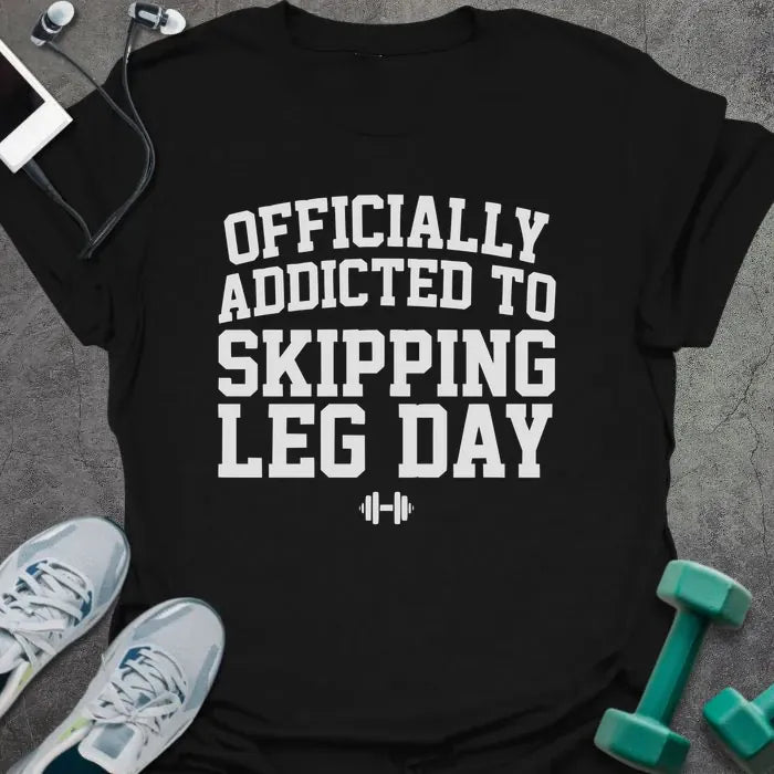 Black t-shirt printed with "Officially Addicted to Skipping Leg Day" in white