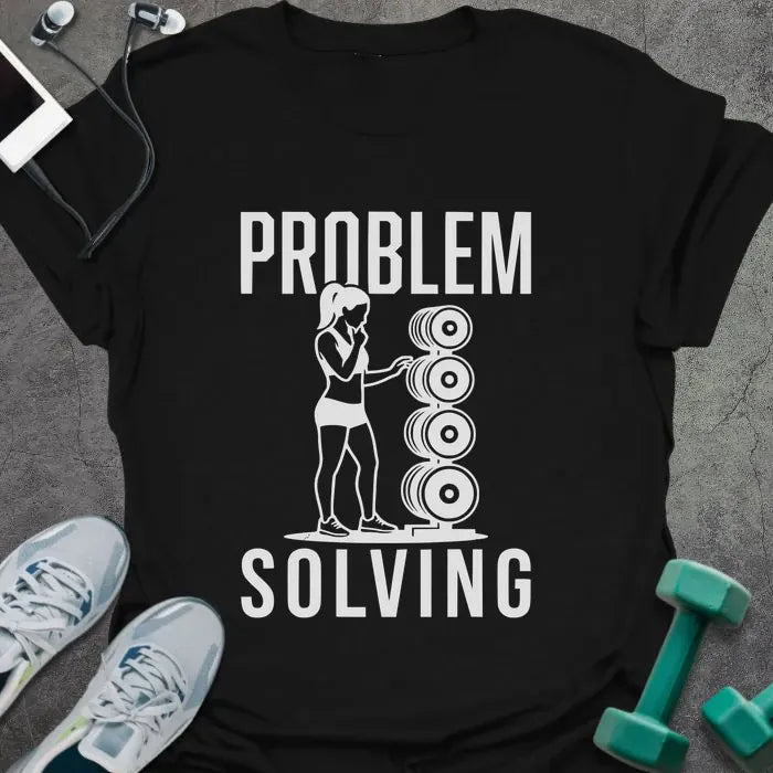 Black t-shirt printed with "Problem Solving", with an illustration of a woman flexing with stacked weights