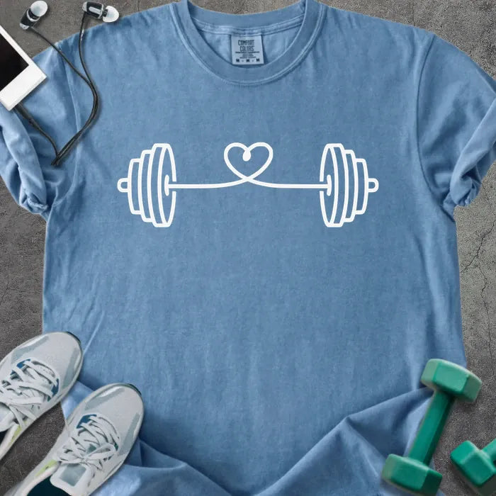 Blue jean t-shirt with a barbell connected by heart strings
