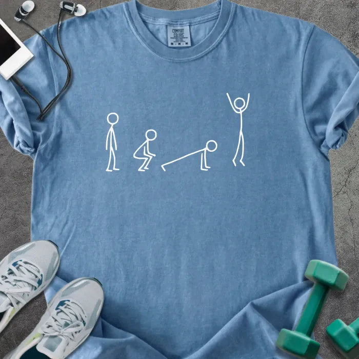 Blue jean t-shirt with stick figures doing burpees graphic in white