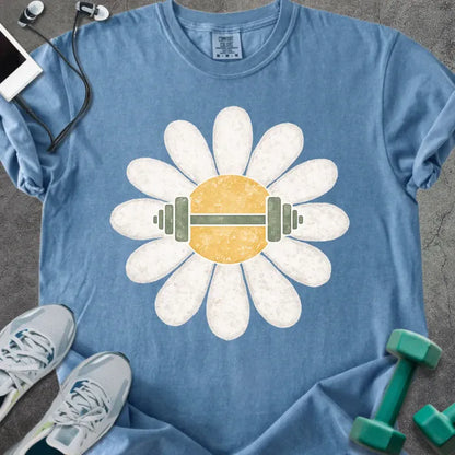 Blue jean t-shirt with white daisy and barbell in center in white and yellow