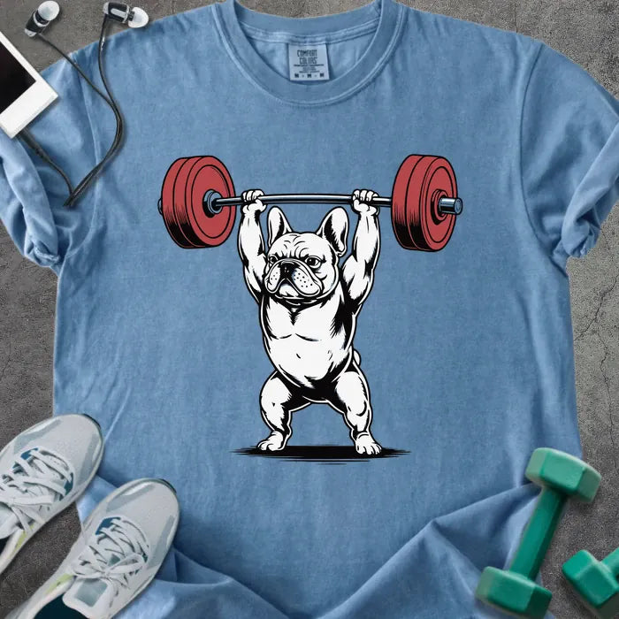 Blue jean t-shirt with a French bulldog lifting a barbell